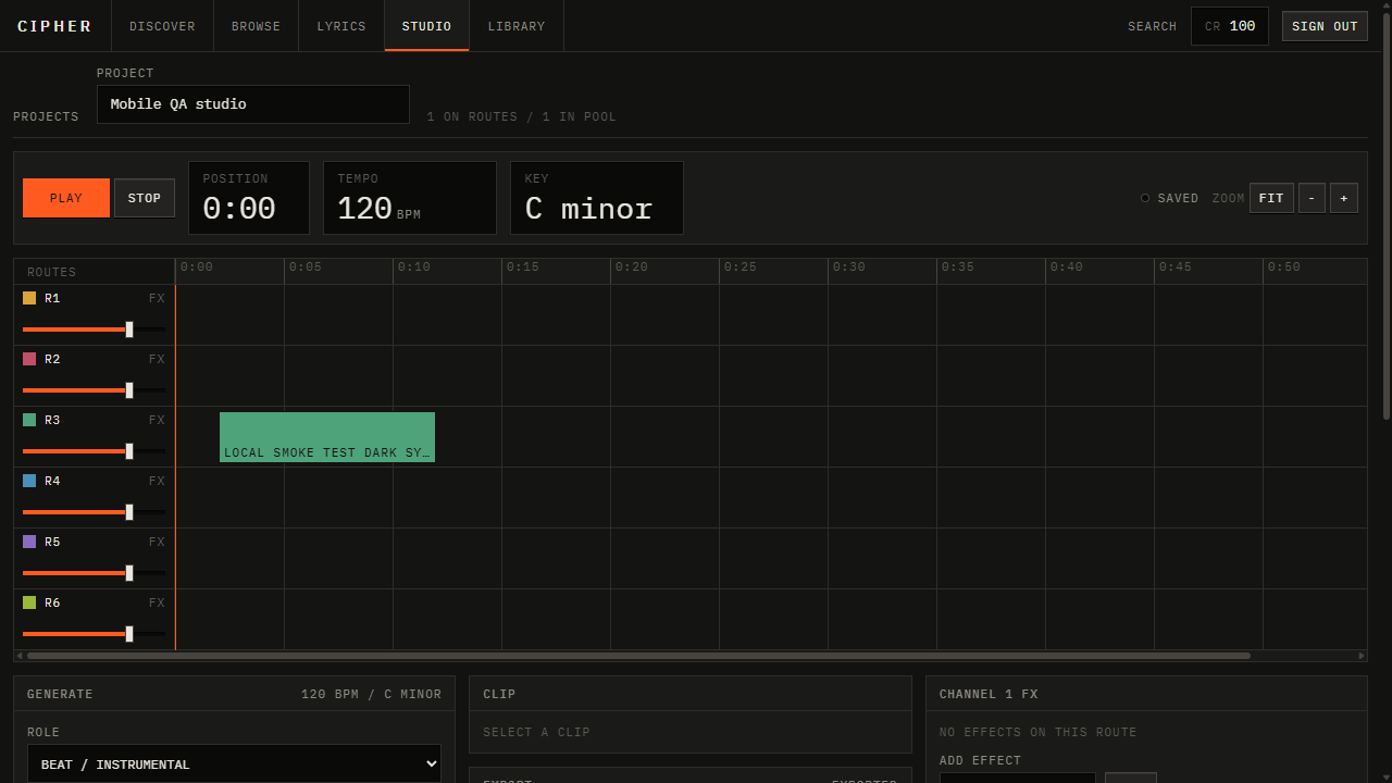 Cipher's local desktop studio showing six arrangement routes and audio controls