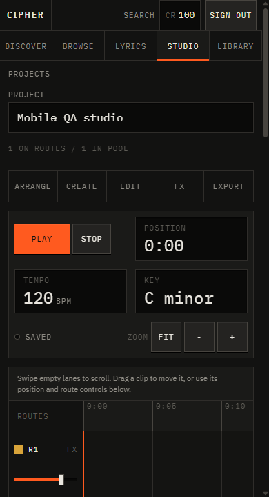 Cipher's local mobile studio with touch controls and arrangement, creation, editing, effects, and export navigation