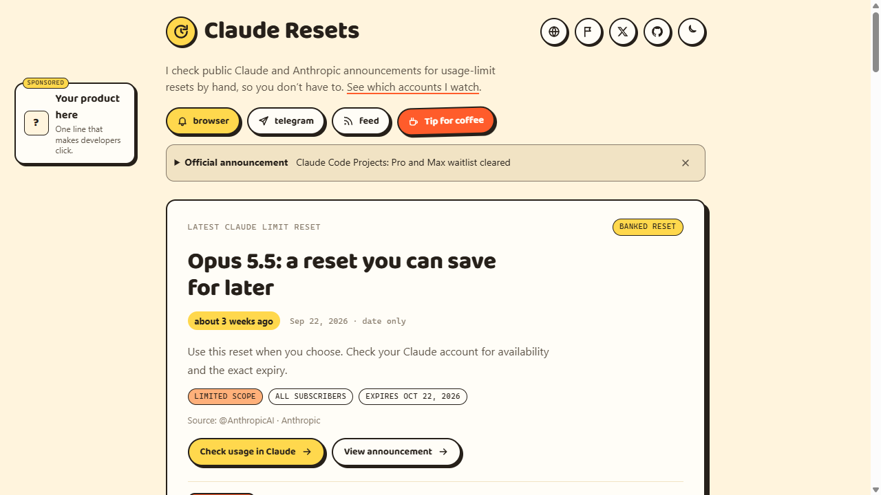 Claude Resets live desktop site showing the latest publicly announced usage-limit reset