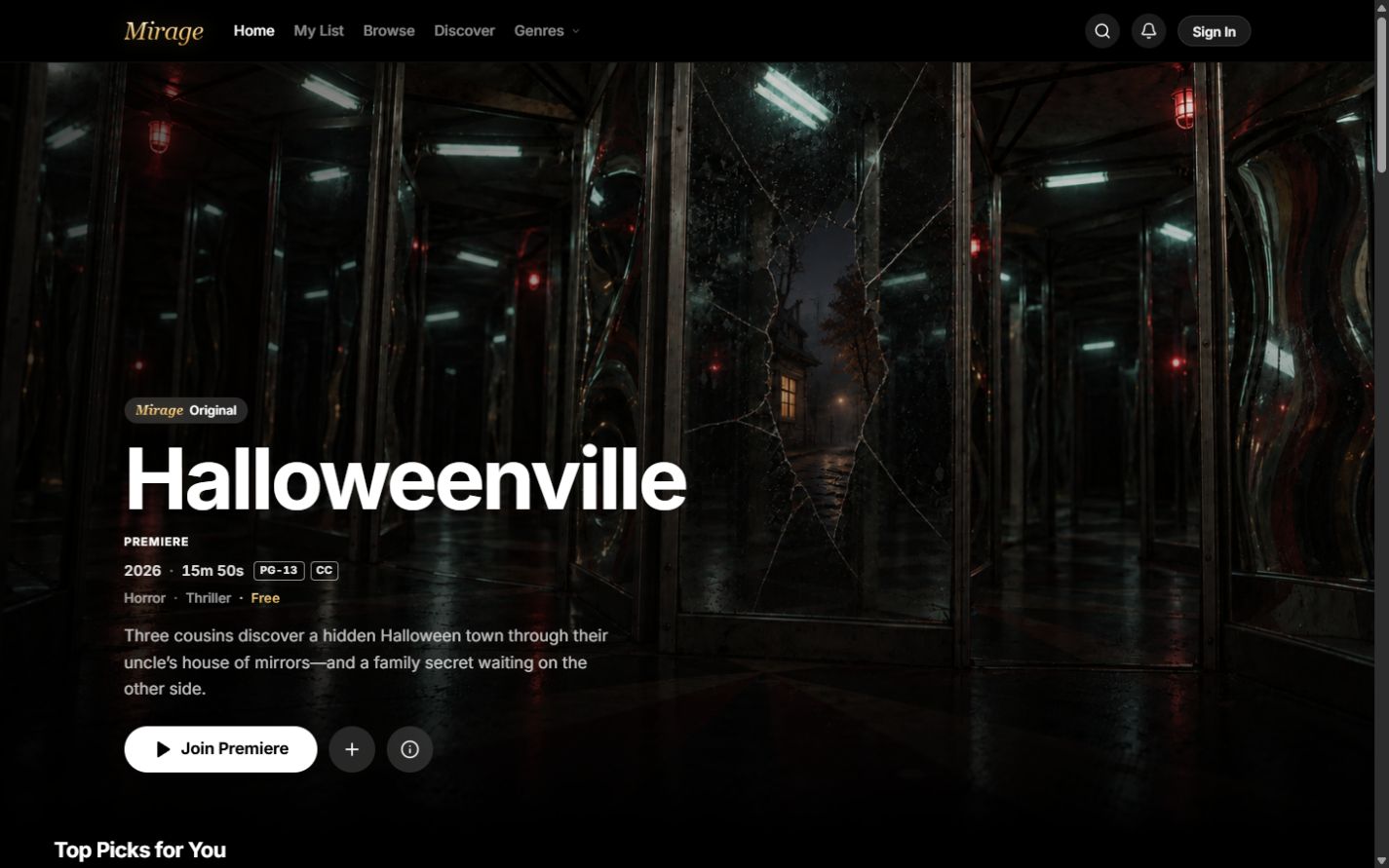 Mirage's live desktop site with Halloweenville featured above the film catalog