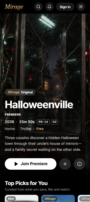 Mirage's live phone layout showing Halloweenville and the film catalog