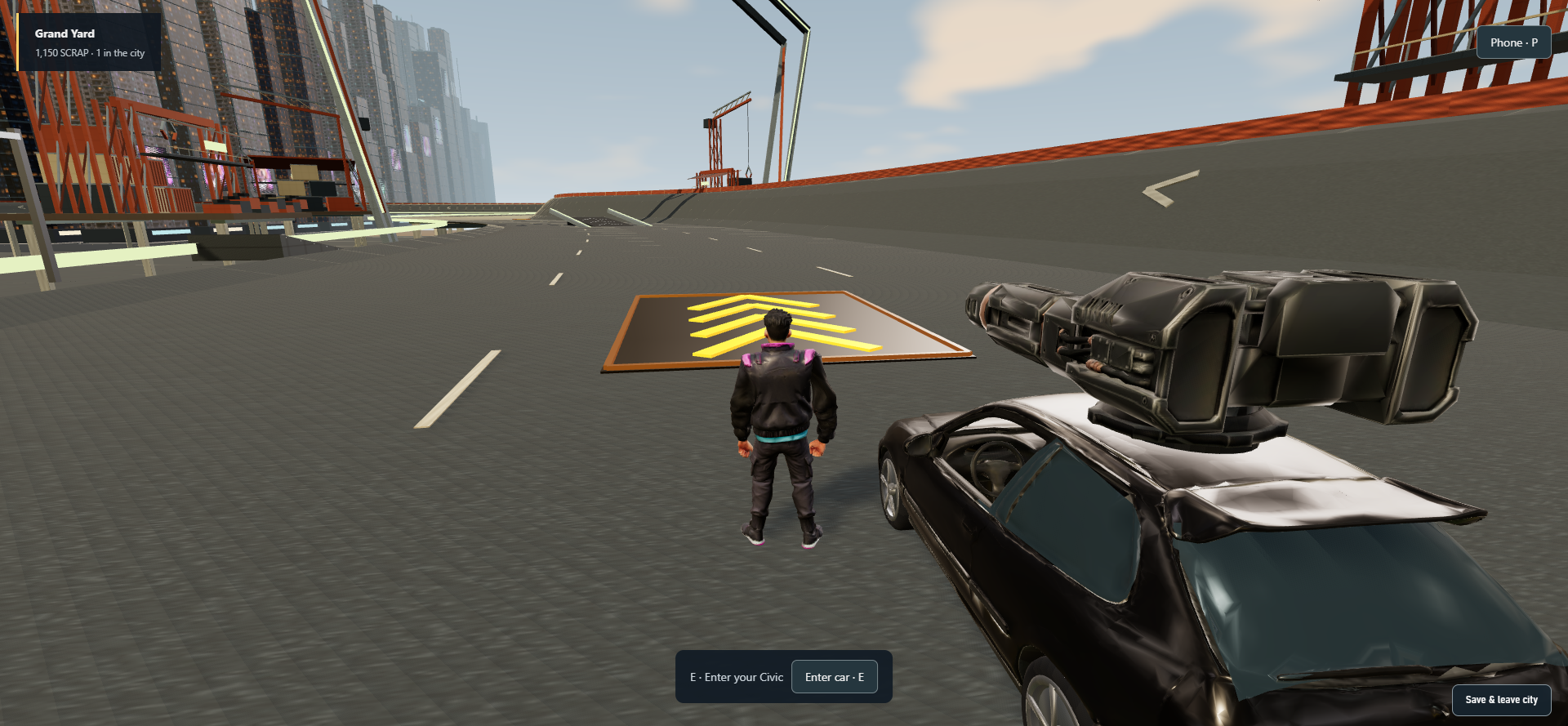 SCRAPS 2.0 desktop gameplay in the open world city, with a player on foot beside an armed car