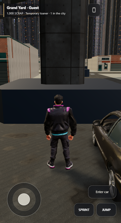 SCRAPS 2.0 mobile gameplay showing on-foot movement, sprint, jump, and enter-car touch controls